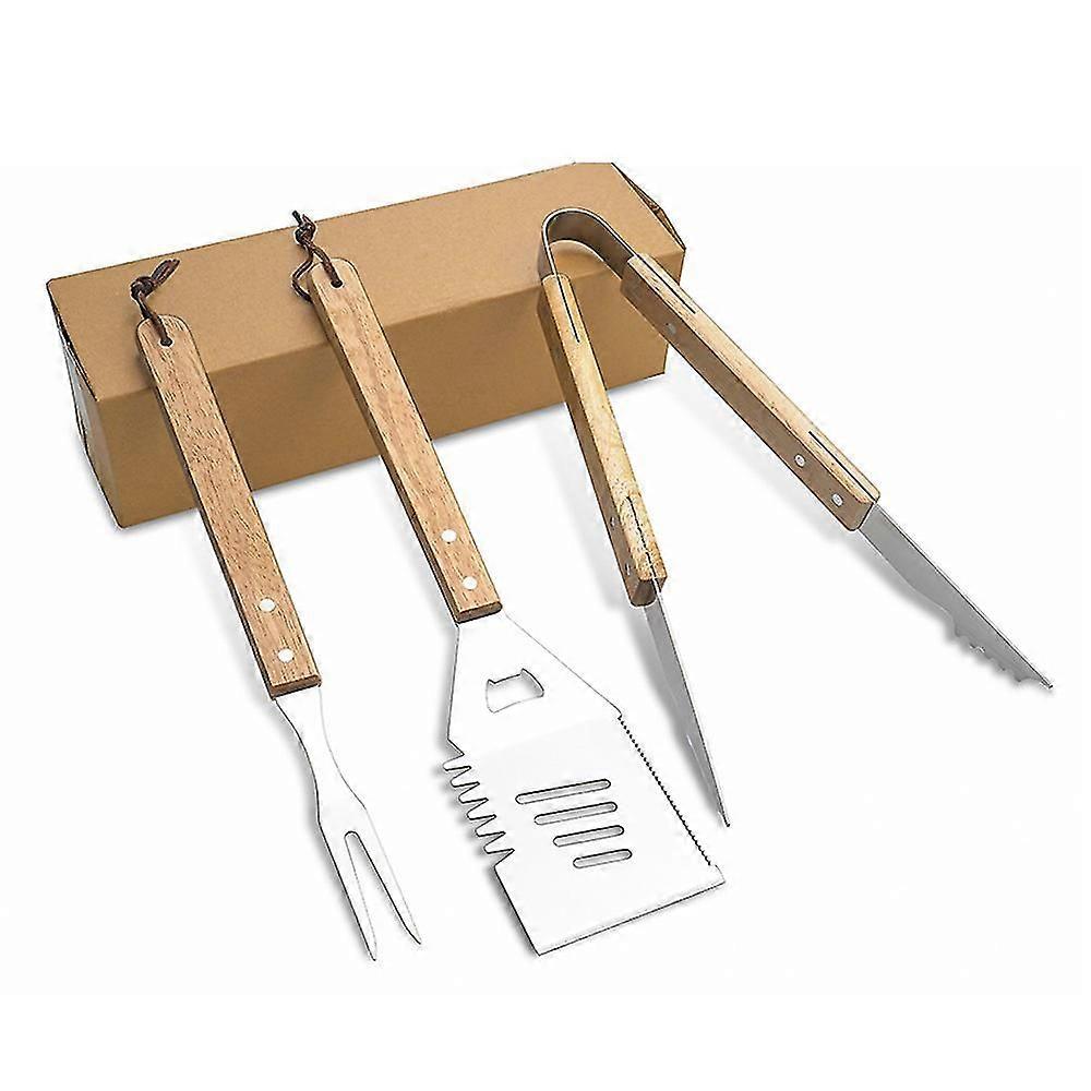3-τεμάχιο Heavy Duty Wooden Bbq Grilling Tool Set Ανοξείδωτο ατσάλι Σπάτουλα πολλαπλών λειτουργιών, πιρούνι &; λαβίδες Barb