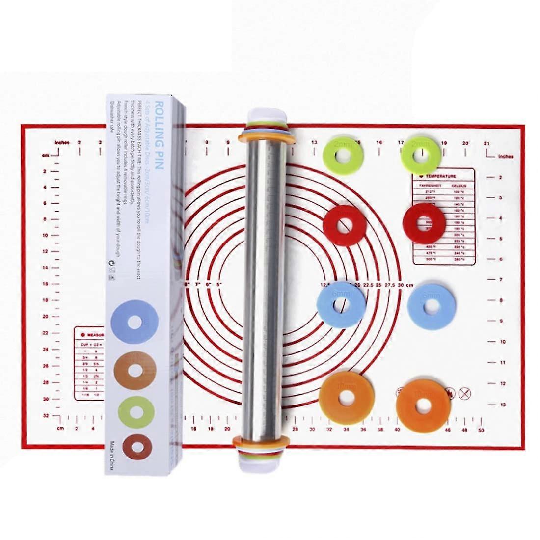Stainless Steel Rolling Pins With Adjustable Rings, Silicone Pastry Mat Set, Red Dough Roller For Fondant And Cookies