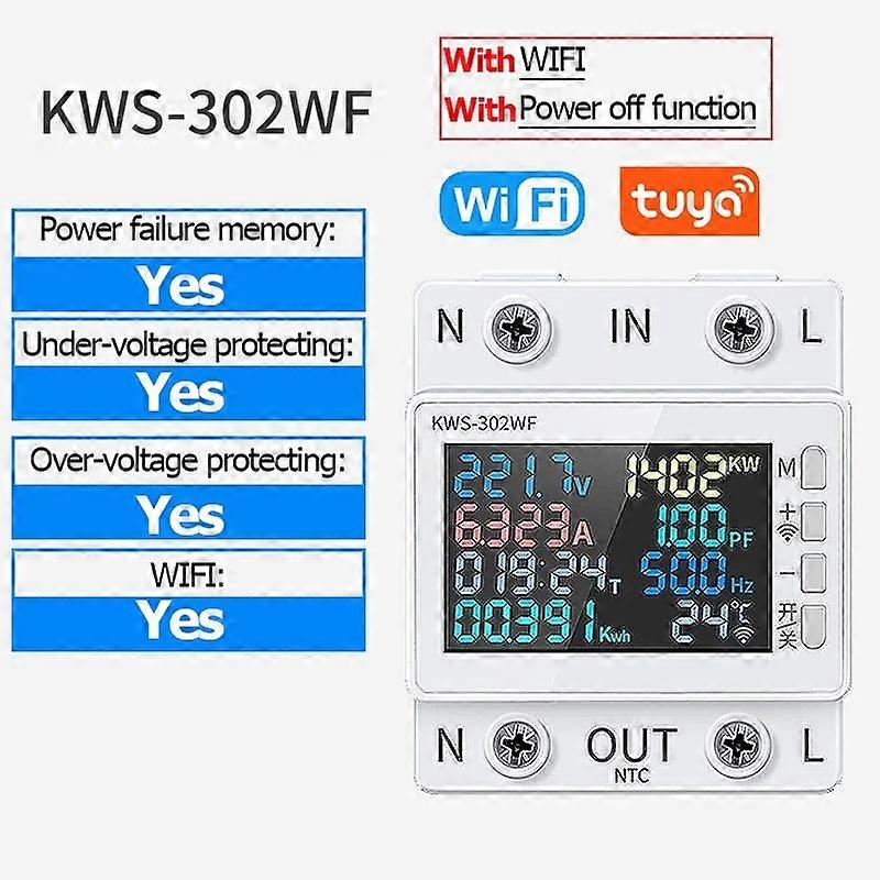 Tuya WiFi 8in1 Power Meter AC Energy Meter Digital Color Screen 2P 170-270V/63A Voltage Current Meter APP Relay Circuit Breaker