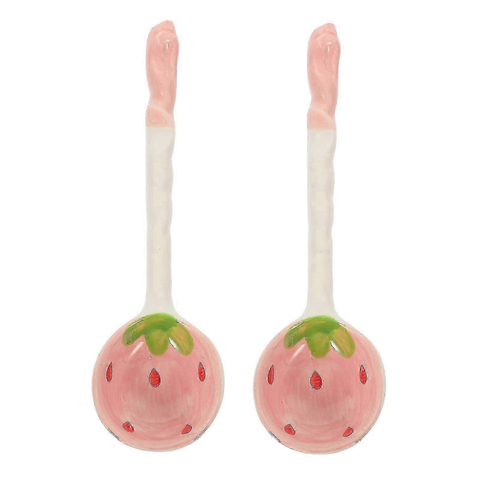 2Pcs Household Ceramic Spoons Fruit Pattern Ceramic Spoons Long Handle Spoons Kitchen Spoons