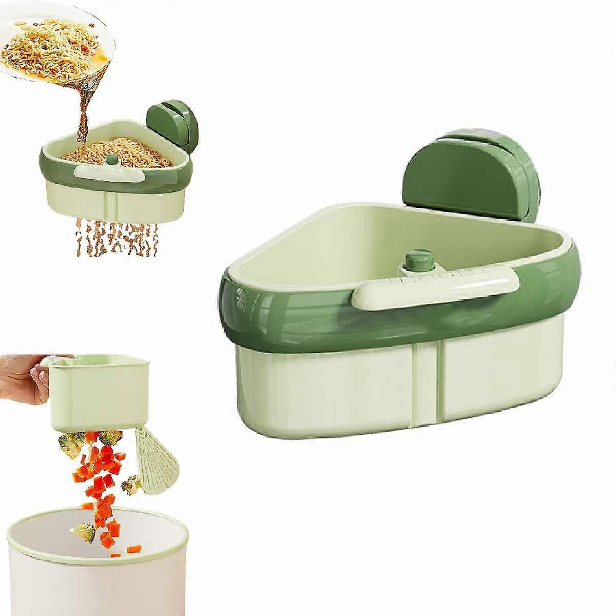 Sink Strainer with Suction Cup, Automatic Waste Release Corner Rack, Triangular Basket for Kitchen Sink (Green)