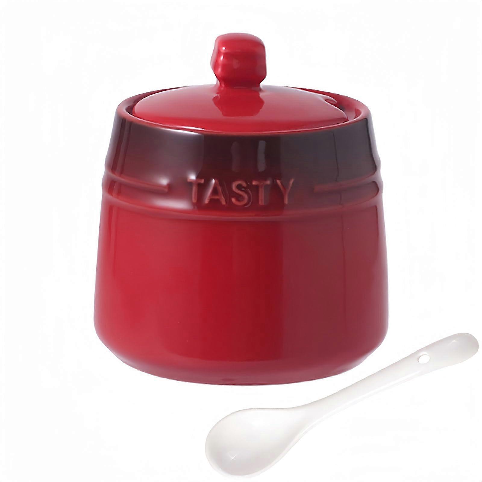 Sugar Bowl with Lid and Spoon, Red Ceramic Sugar Pot 10 OZ for Coffee Bar and Multipurpose Storage