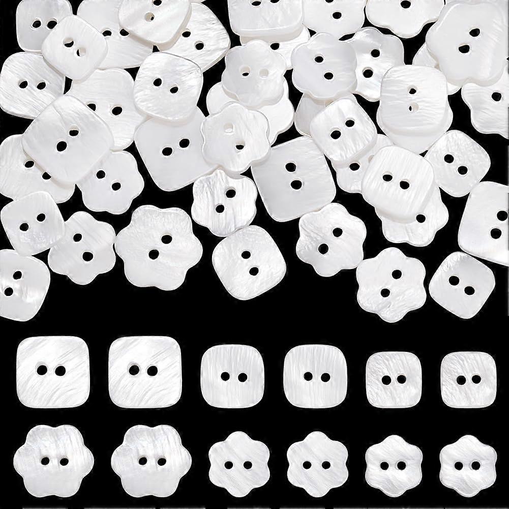 60pcs Natural Shell Buttons 10~15mm Sewing Buttons 2-Hole Flower Square Shell Button White Craft Seashell Shirt Button for Cloth Coats Suits Jacket Bl