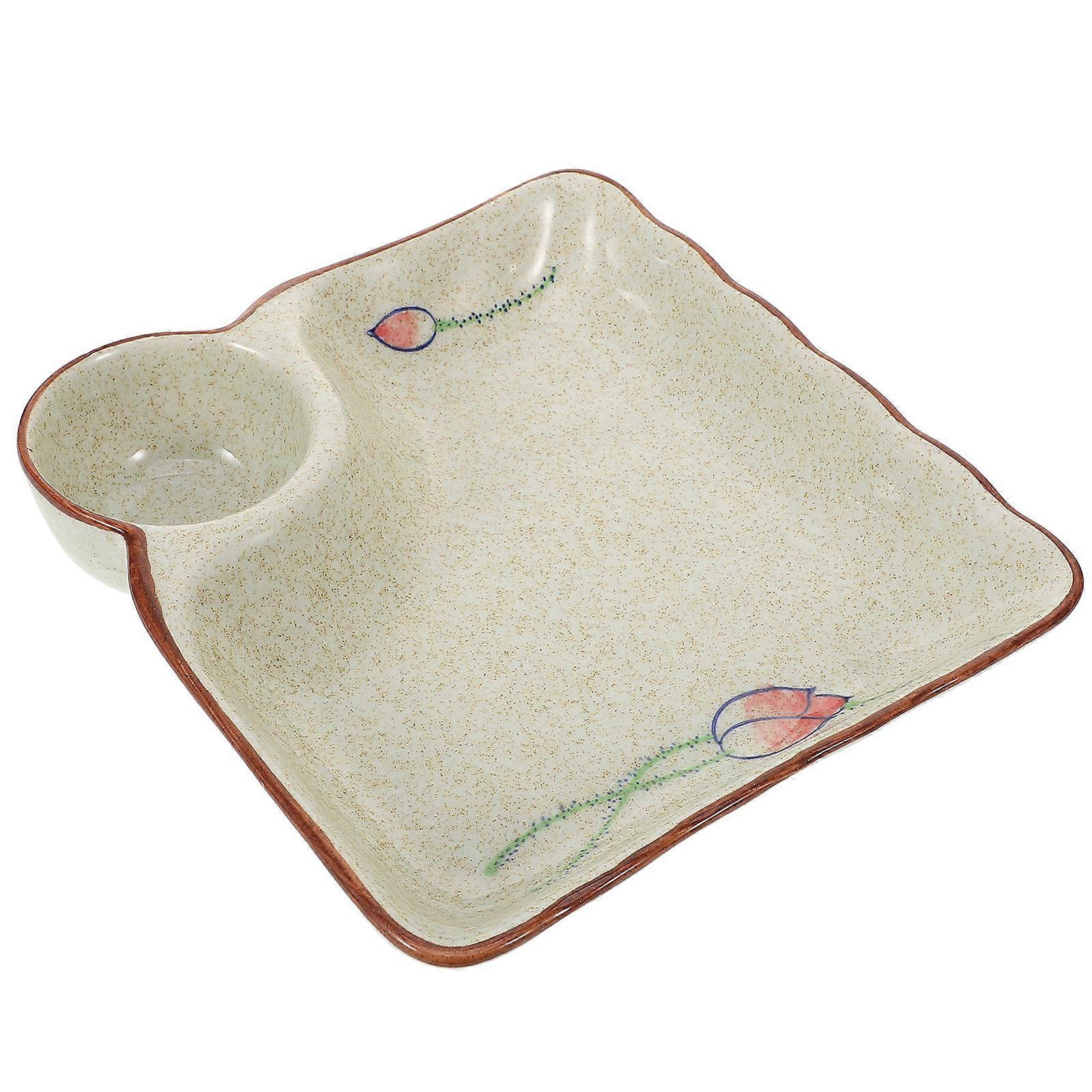 Beige Ceramic Dumpling Plate with Sauce Compartment for Serving Food Plate