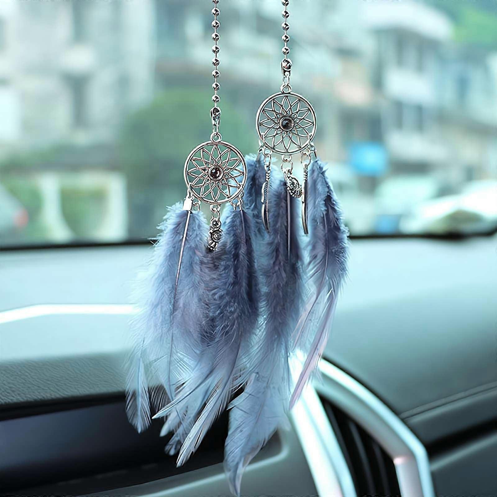Dream Catcher Car Hanging Boho Feather Pendant for Rearview Mirror Handmade Crystal Charm Grey