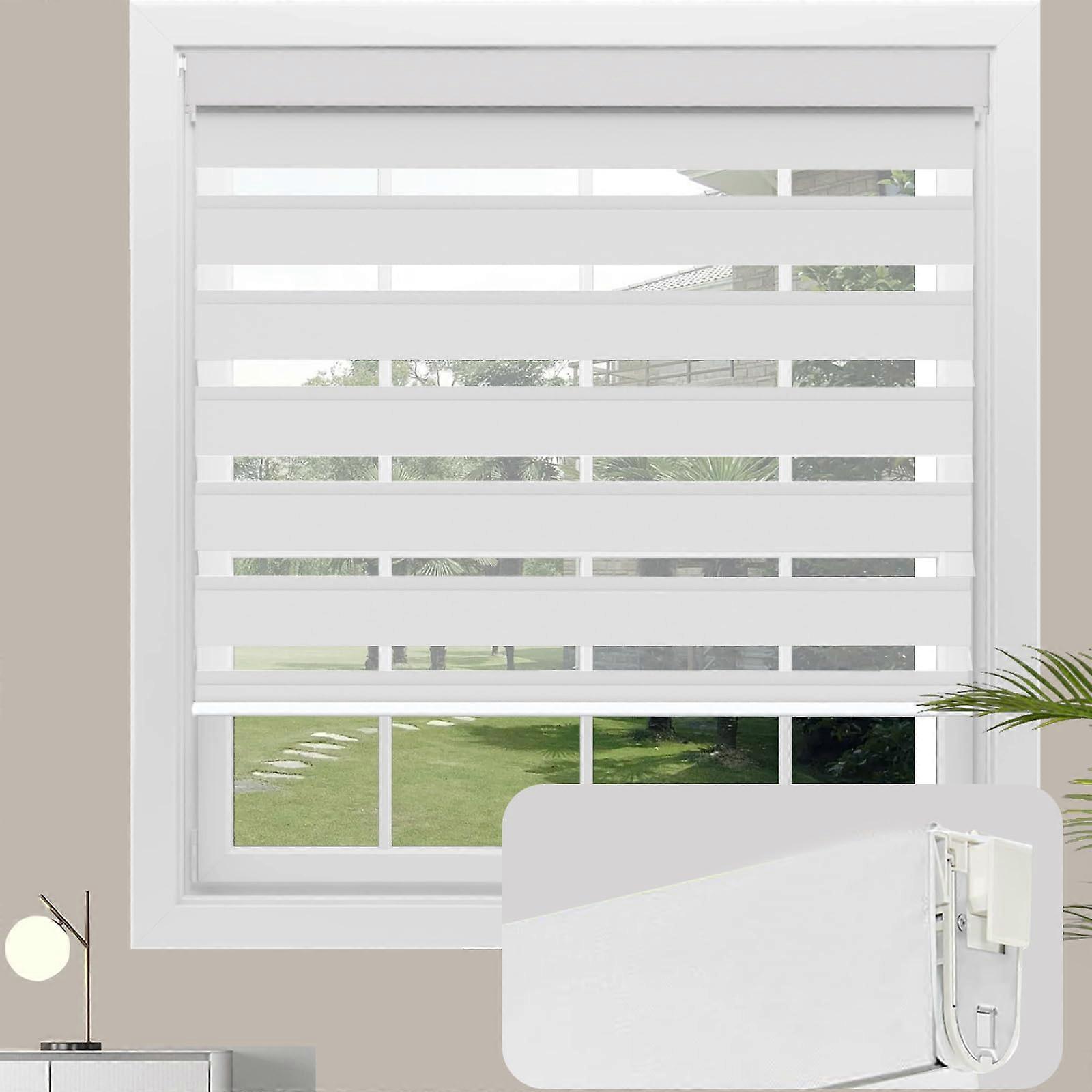 No Drill Cordless Zebra Blinds, Day and Night Dual Sheer Shades, White Privacy Roller for Windows, Custom Size, 85% Blackout
