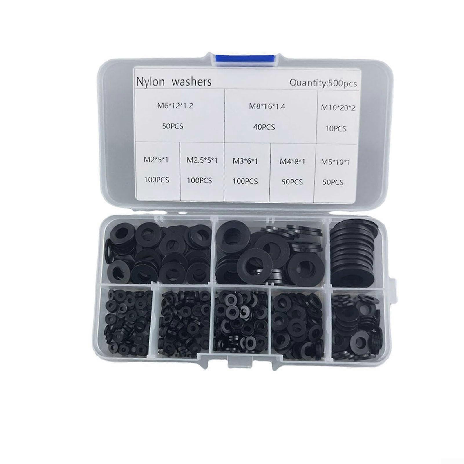 Nylon Flat Washers Assorted Sizes 500pcs Rust Resistant with Clear Storage Box for Screws and Bolts