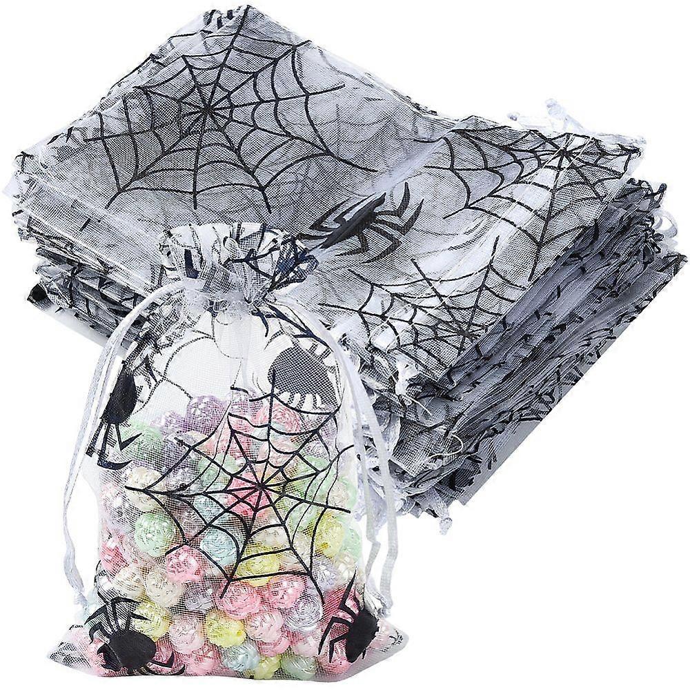 Theme Spider Printed Organza Drawstring Bags Rectangle Black 15.5x10x0.03cm