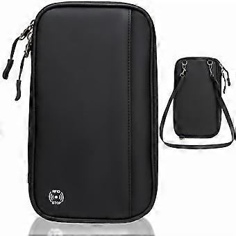Passport Wallet RFID Blocking Waterproof Family Travel Document Organizer with Wrist and Crossbody Strap Black