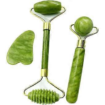 Jade Roller och Gua Sha Set, 2 Jade Rollers och 1 Massagesten, Ansiktsmassageapparat för hudföryngring och anti-rynkor, Självvårdspresent