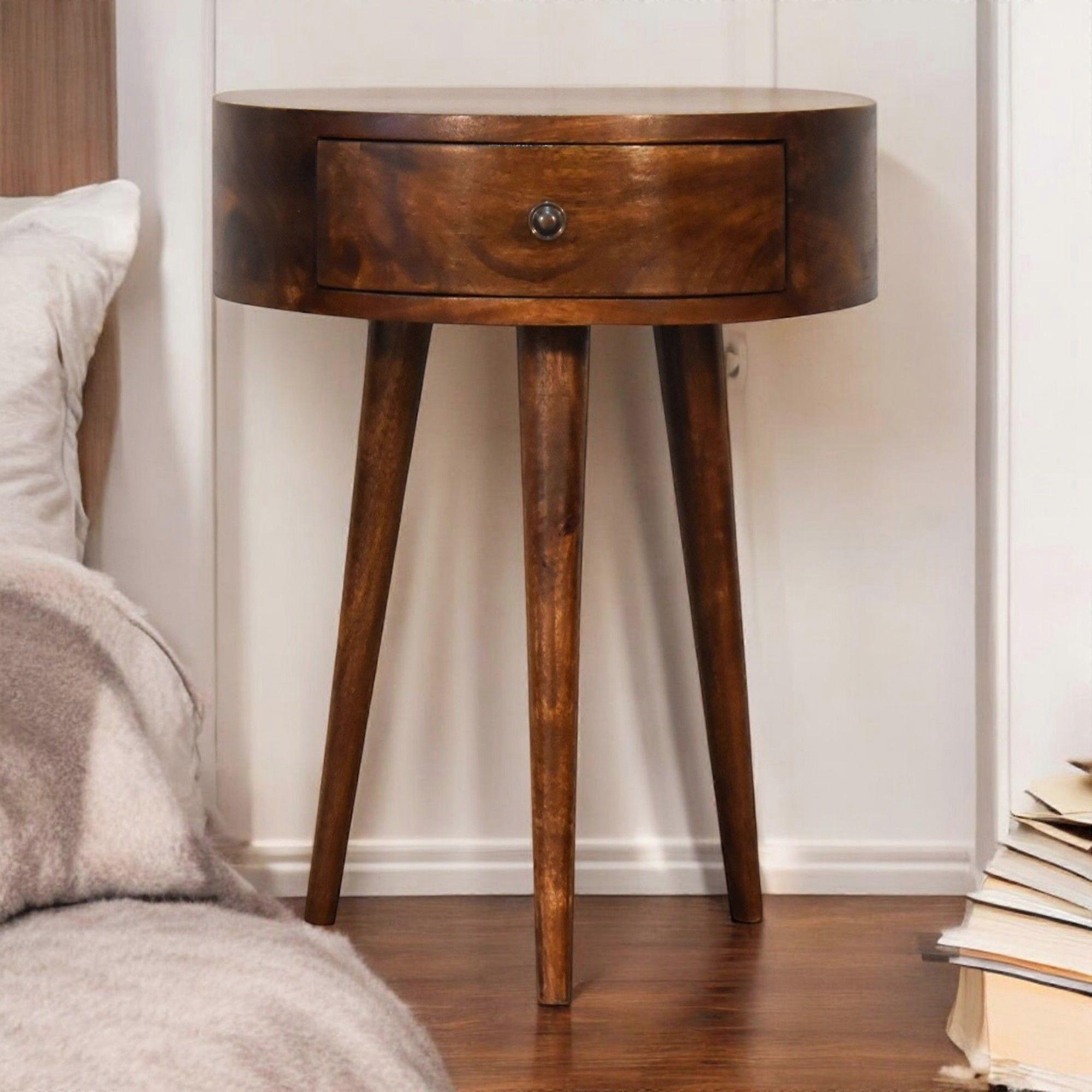 Solid Wood Chestnut Semi Circle Bedside, 1 Drawer, Dark Brown