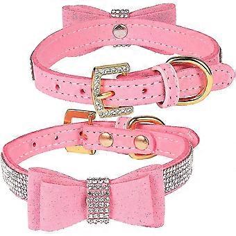 Crystal Dog Collar/cat Collar Velvet Leather With Bow-knot Tie Rhinestone Puppy/kitten Collars For Small Dogs & Catsxs(neck For:8-10 Inch)