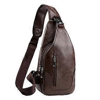 Brown Leather Sling Bag for Men and Women, Vegan Crossbody Daypack with Earphone Hole and Water Resistant Design