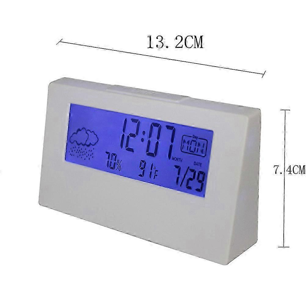 White LCD Desk Clock with Weather Display