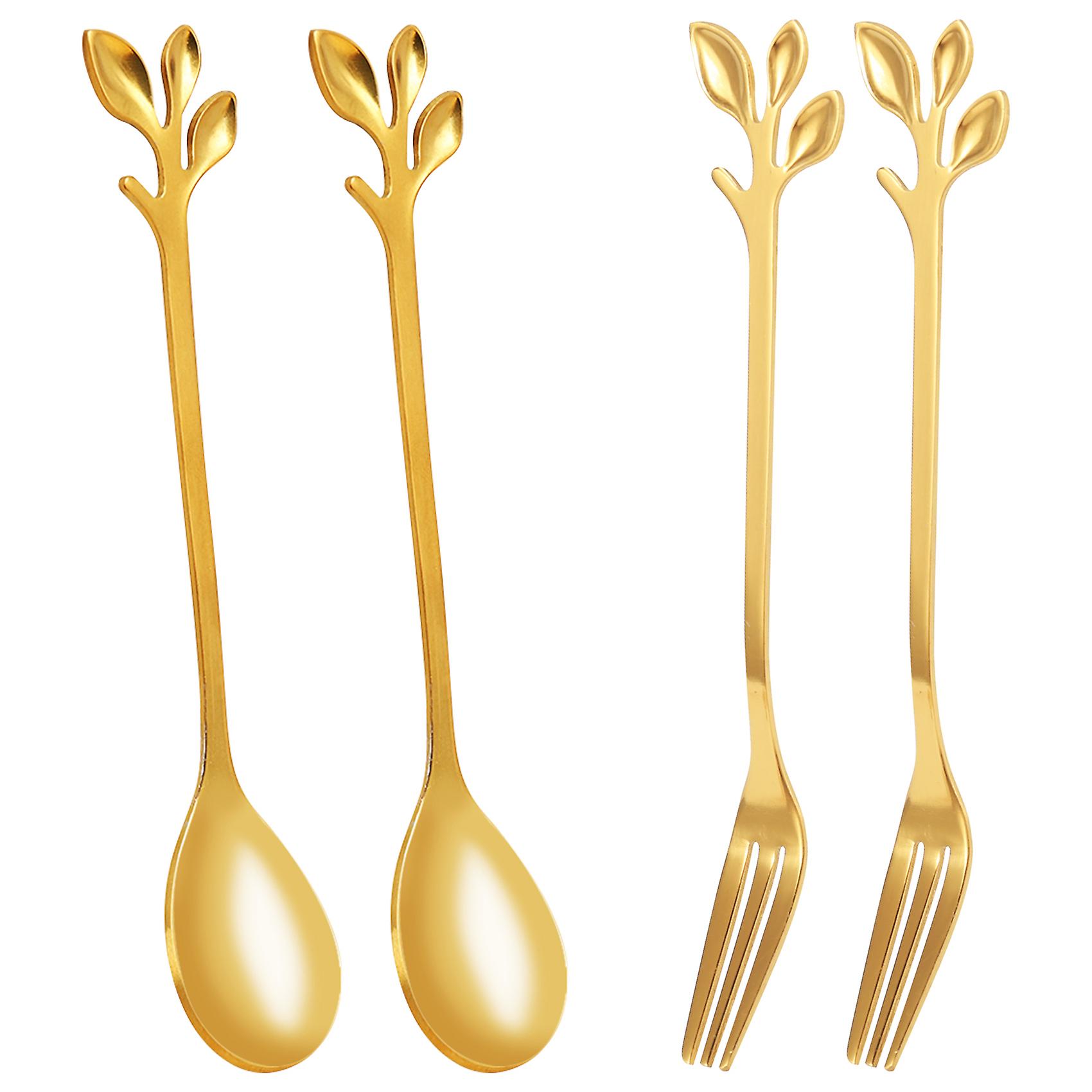 Tableware Gold Leaf Coffee Spoon Fork,4 Pack(2 Spoons 2 Forks) Little Demitasse Espresso Spoon and