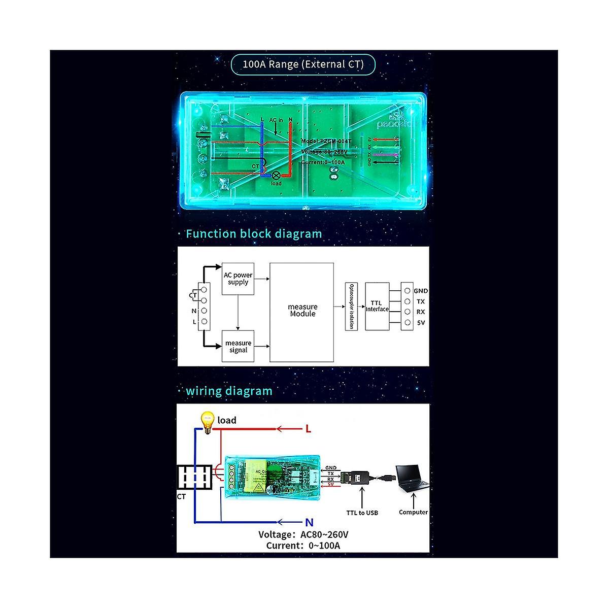 10A PZEM 004T 3.0 Wattmeter Kwh Meter Volt Amp Current Test Module Digital Multifunction Meter for
