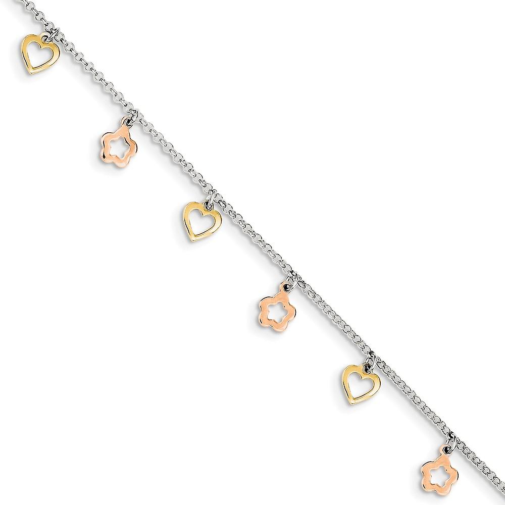 925 Sterling Silver Fancy Lobster Closure Polished Flash Gold Plated Love Heart Flower With 1inch Ext. Anklet 9 Inch-Ank