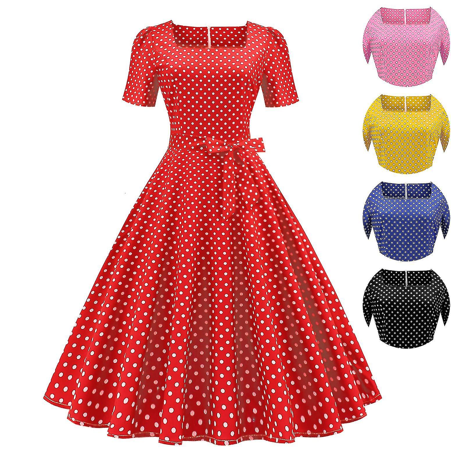 Vintage Women's Retro Short Sleeve Polka Dot Print Fit And Flare