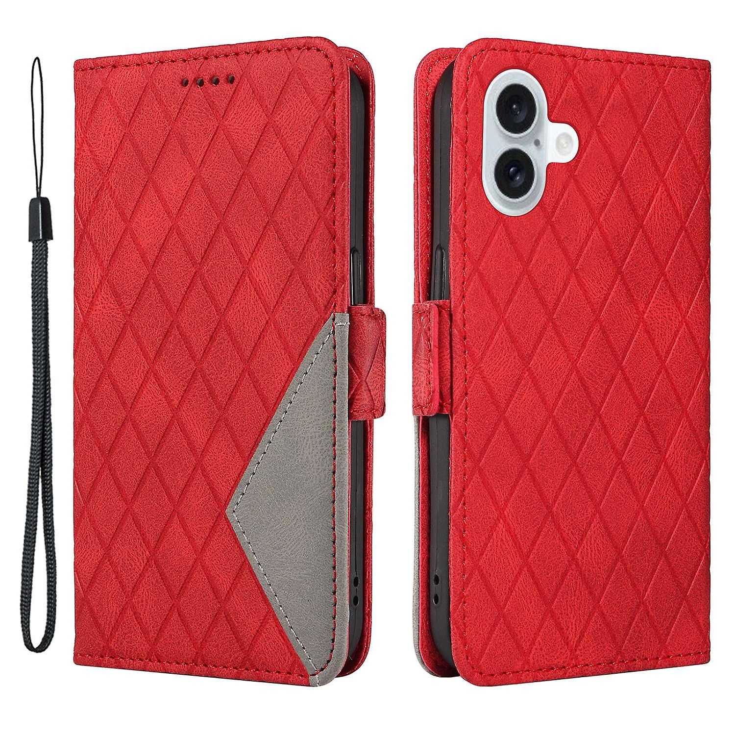 For iPhone 16 Plus Case Rhombus Grid Leather Wallet Phone Cover -  Red