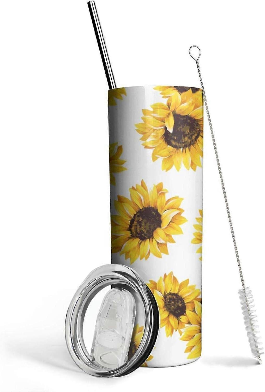 20オンスひまわりタンブラーステンレス鋼断熱トラベルコーヒーマグ蓋付き金属ストローとブラシ