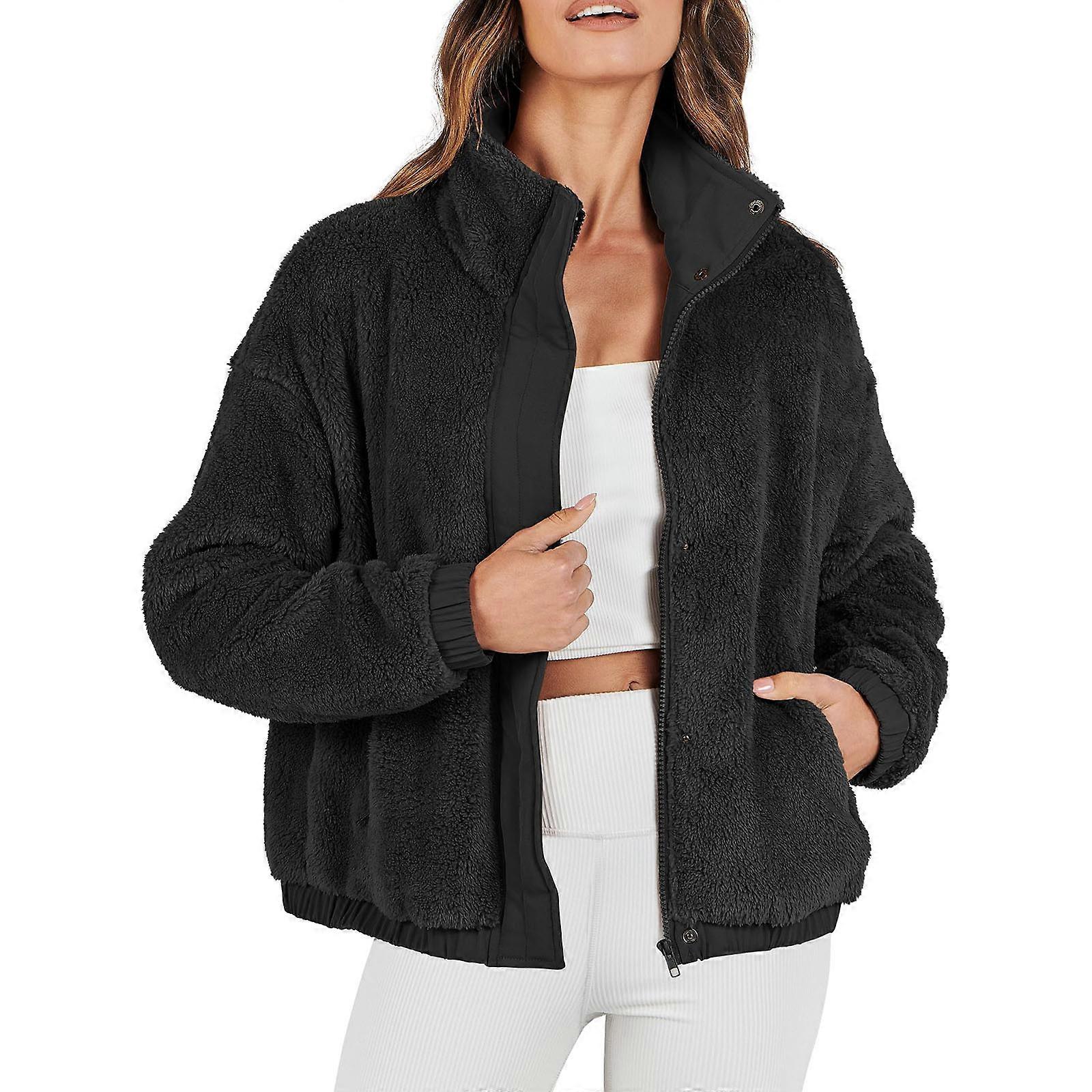 Womens Fleece Jacket Casual Long Sleeve Cropped Sherpa Button Down Fuzzy Warm Coats