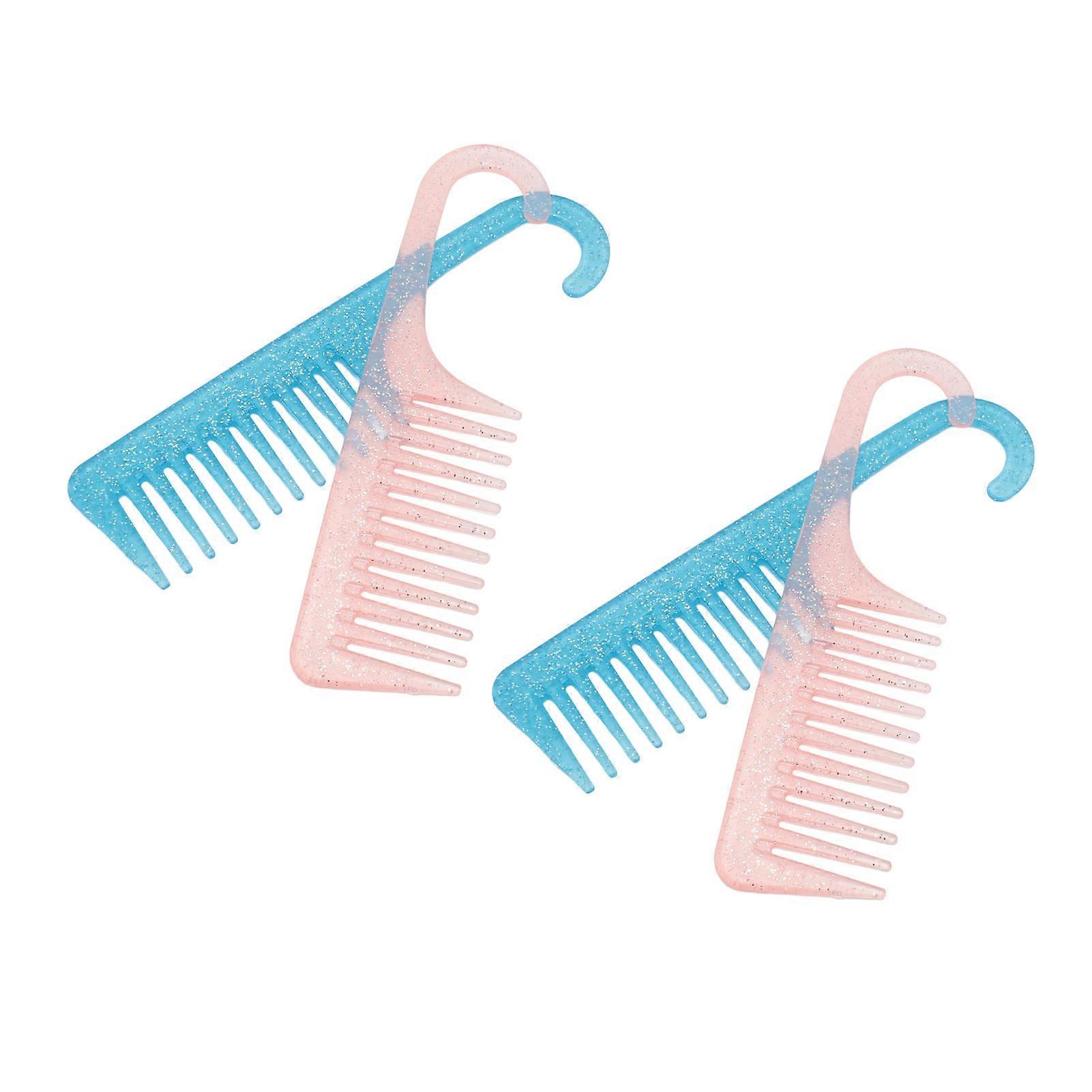 4pcs Wide Tooth Comb with Hook Rounded Handle Detangling Comb Pink Blue Transparency