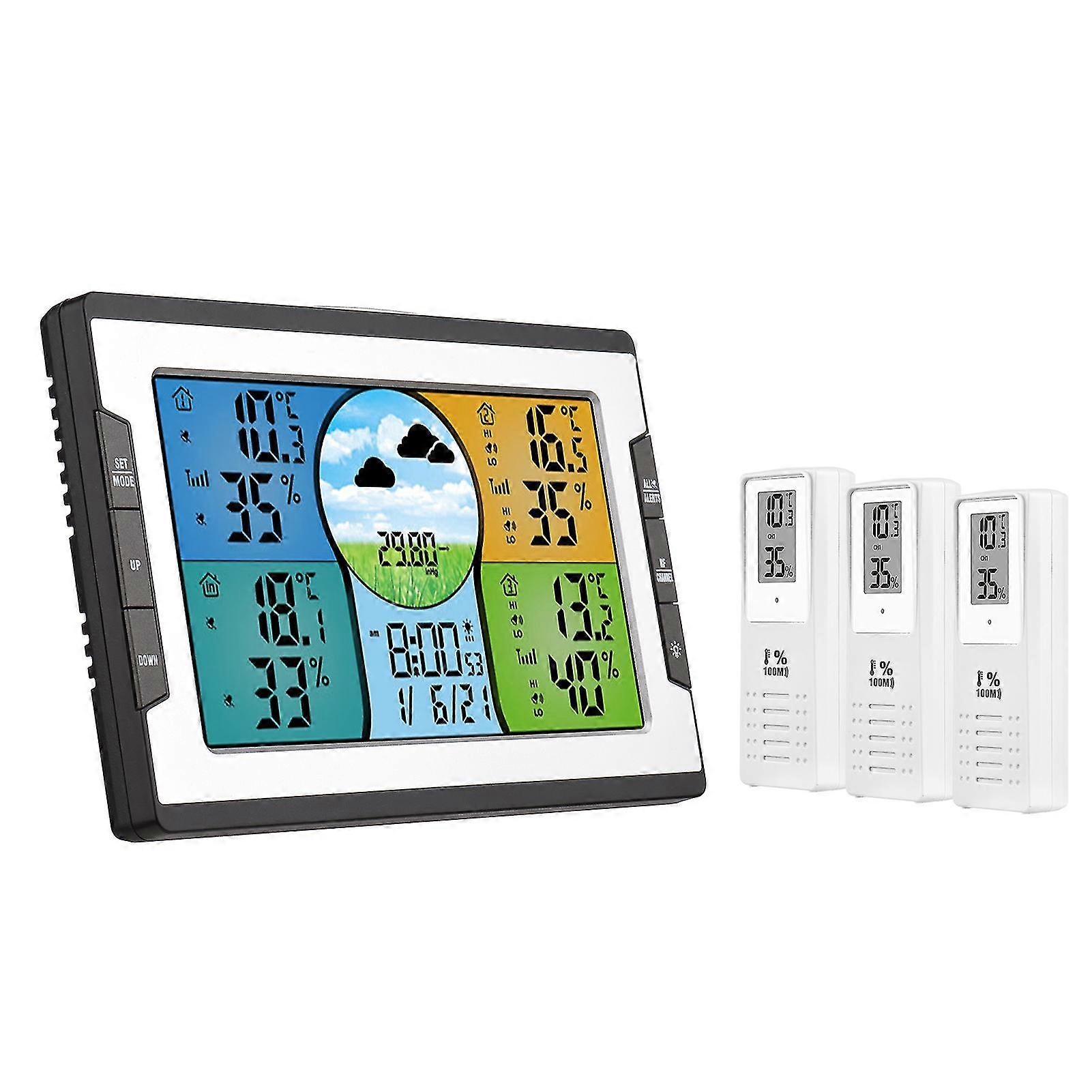 Digital Weather Station With 3 Remote Sensors 328ft/ 100m Indoor Outdoor Temperature Humidity Monitor Alarm Clock With Snooze Thermohygrometer With We