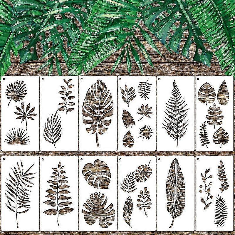 12 Pieces Tropical Leaf Stencils, Fern Leaf Monstera Palm Leaf Turtle Leaf Wall Stencil Template Botanical Leaves Reusable