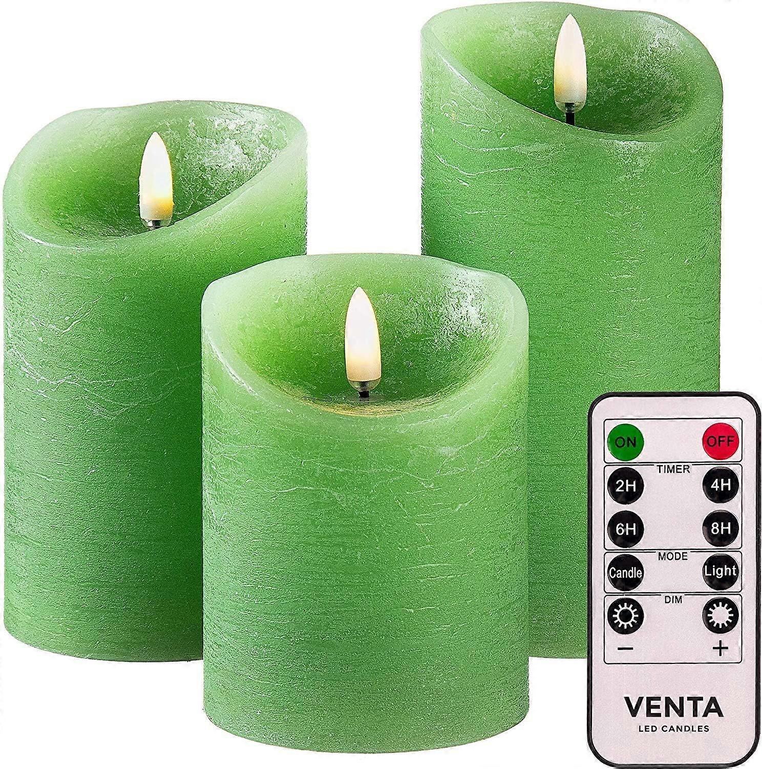Set of 3 Realistic Flameless Green LED Candles with Remote Control - 4'' 5'' 6'' Electric Wickless Pillar Battery Operated Candles with Flickering Fla