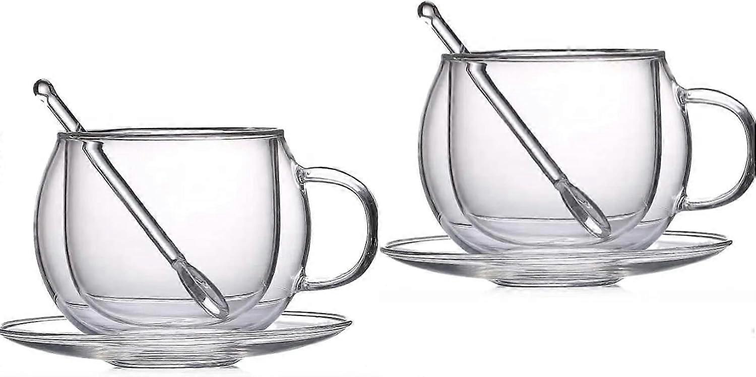 Doppelglas-Kaffee-/Teebecher mit Griff, Teetablett und Rührlöffel aus Glas - 8,7 oz - 2er-Set - Perfekte Kaffee-/Teetasse Affogato-Tassen