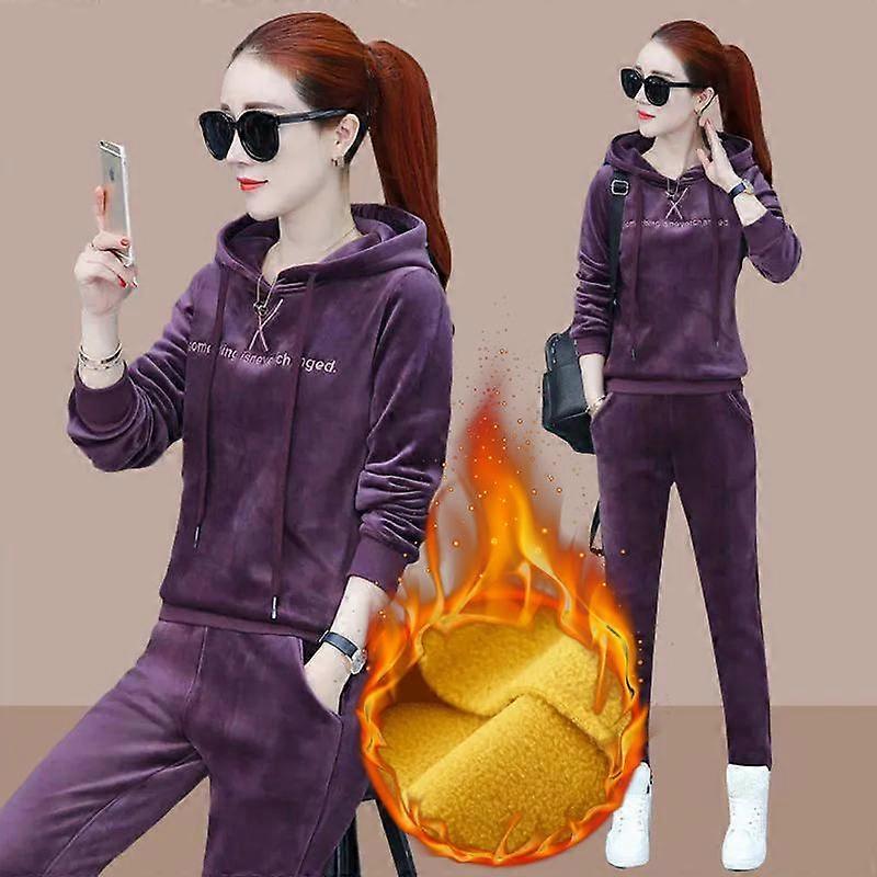 סטים של 2 חלקים מקטיפה עבה בחורף, סווטשירט מזדמן עם קפוצ'ון, תלבושת מכנסיים ישרים ומותניים גבוהים, חליפות אימונית חמה עם בטנה קטיפה