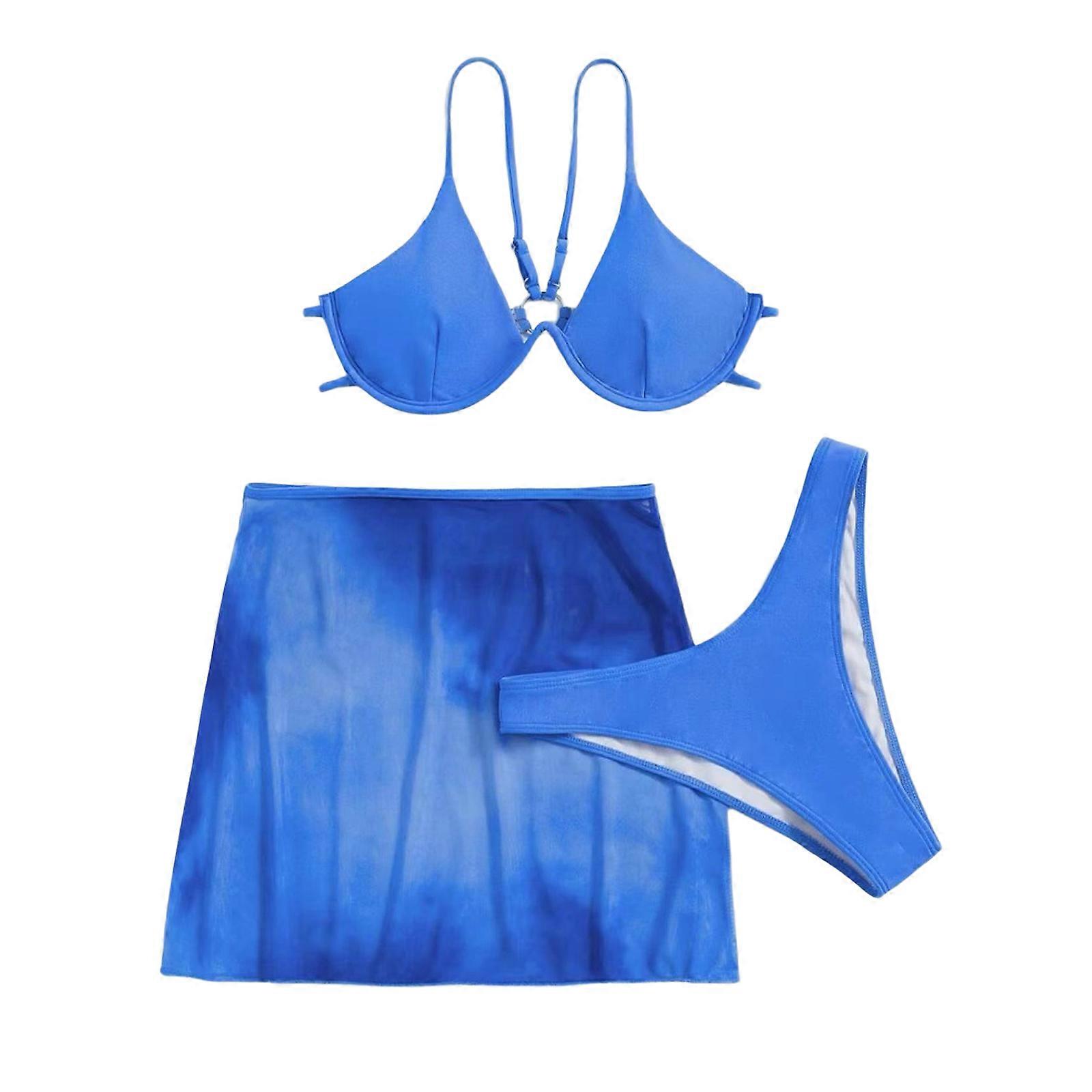 kvinnors push up bikinis set högt skuren baddräkt med strand-kjol 3 stycken badkläder spaghetti rem baddräkter strandkläder blå s