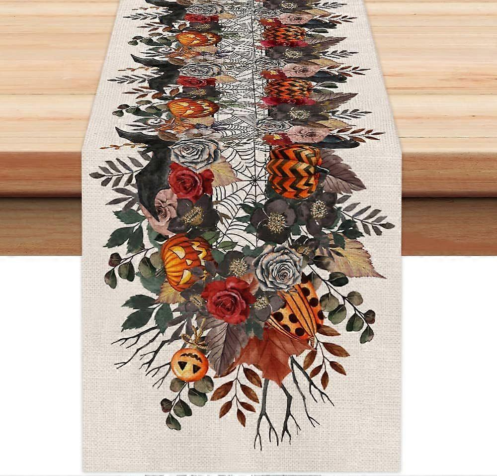 Halloween Table Runner, Pumpkin Blossom Spider Web Bat Seasonal Farmhouse Interior Kitchen Table Decorations