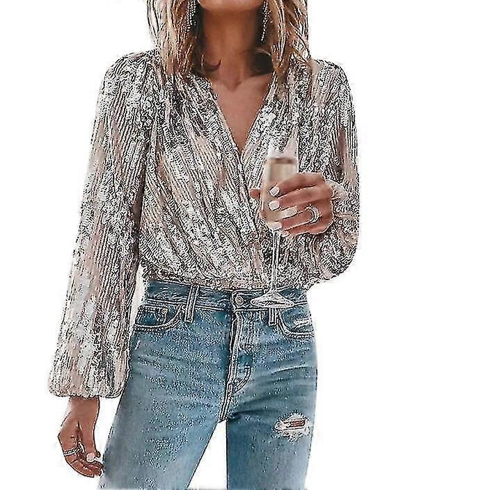 Donne paillettes Sparkle V scollo camicia a maniche lunghe per partito