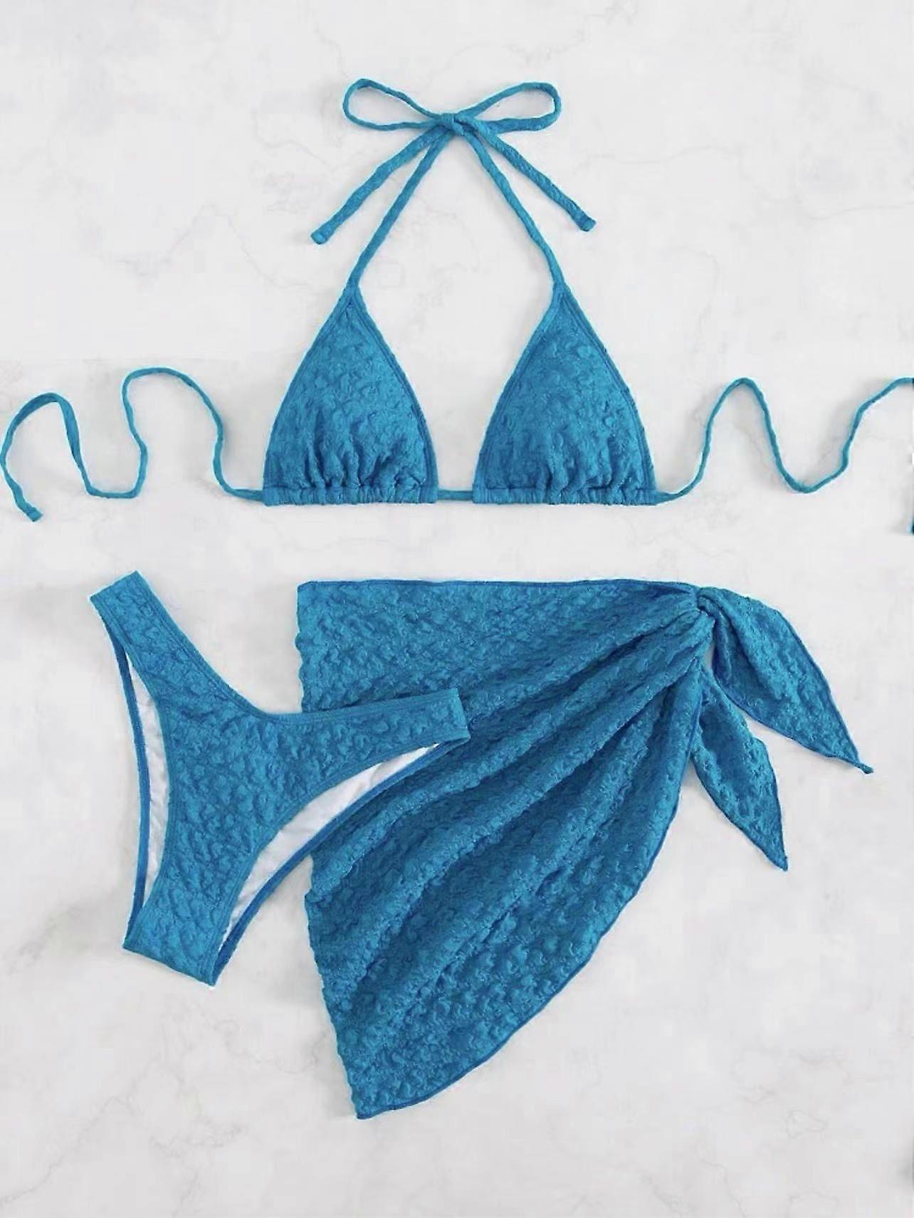 Blue 3-Piece Textured Bikini Set  Triangle Top, High Cut Bottom & Matching Sarong Wrap
