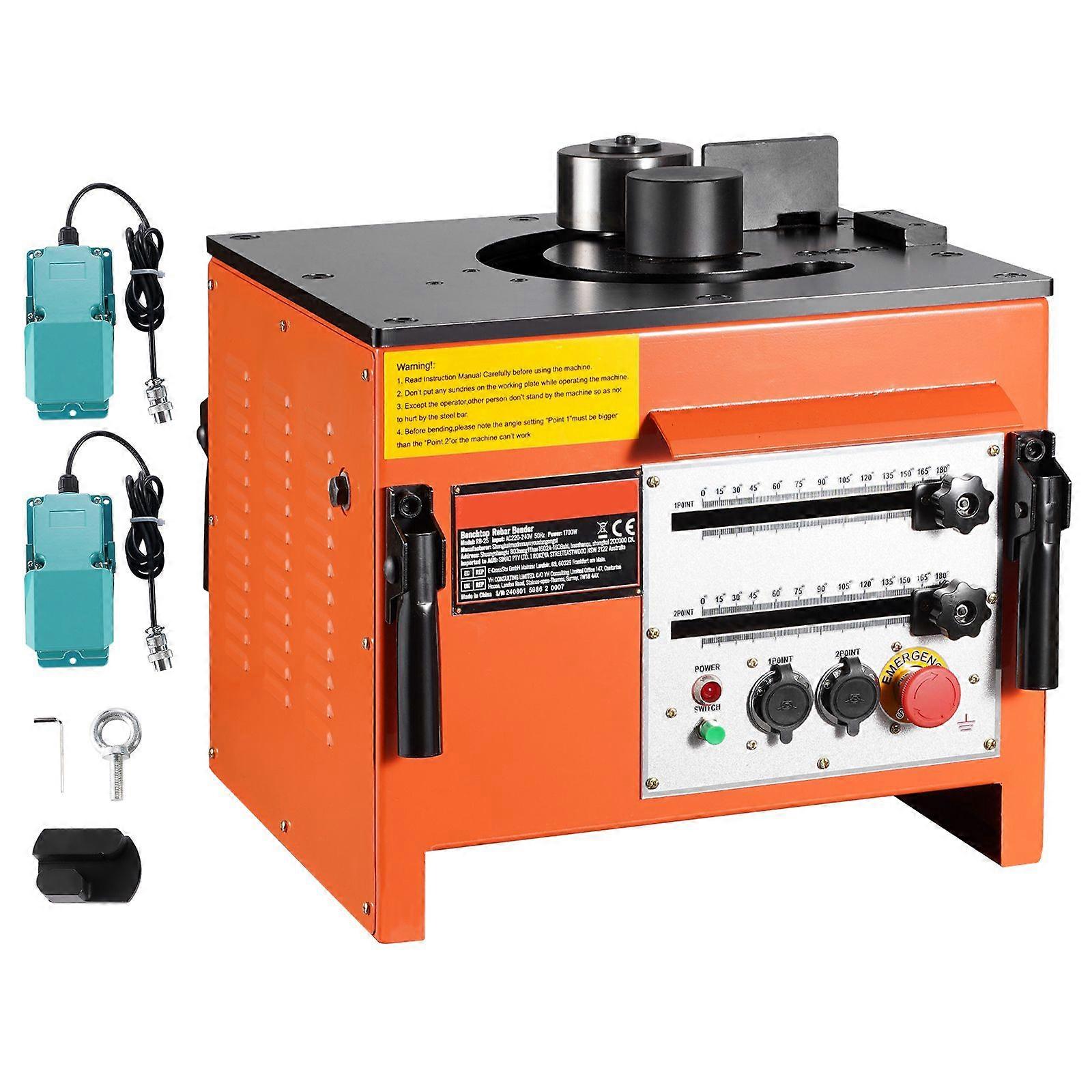Dobrador de vergalhões elétrico de bancada de 1700 W com acessório rico, 3 ângulos de flexão de até 1 pol. # 8 (4-25 mm) em 4 segundos, RB-25