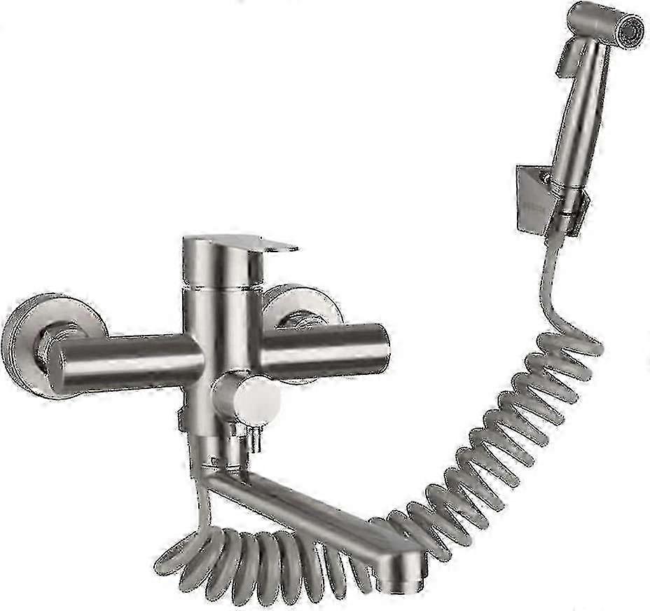 ステンレス製ウォールマウントキッチン蛇口、ハンドシャワー&スプレーガン付き、温水/冷水、回転式