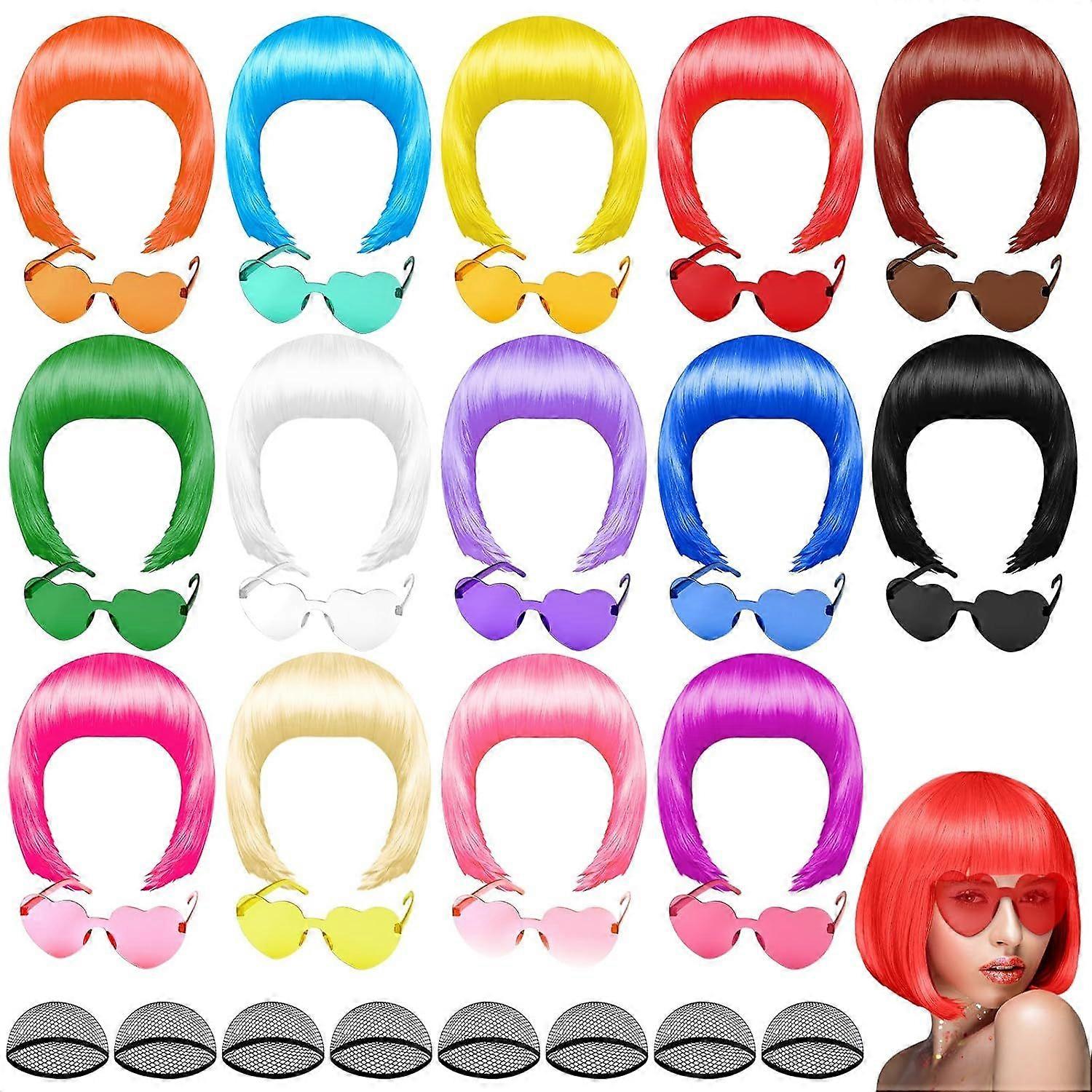 2025 أحدث طراز 14 قطعة شعر مستعار ملون ، شعر مستعار للحفلات ومجموعة نظارات شمسية ، نيون