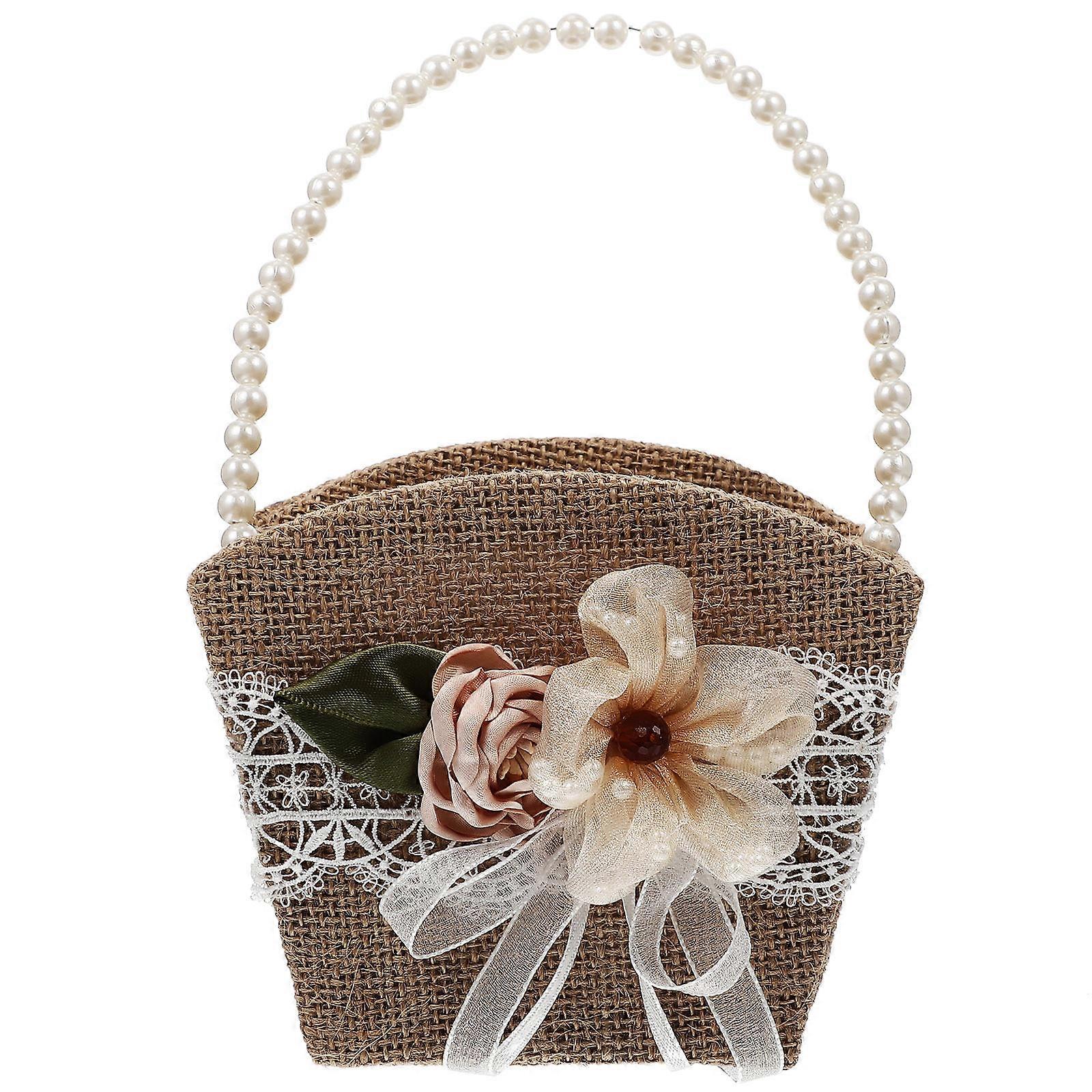 Elegant Pearl Handle Wedding Basket for Flower Girls – Rustic Linen Container for Ceremonies & Special Events, Holds Flowers & Petals