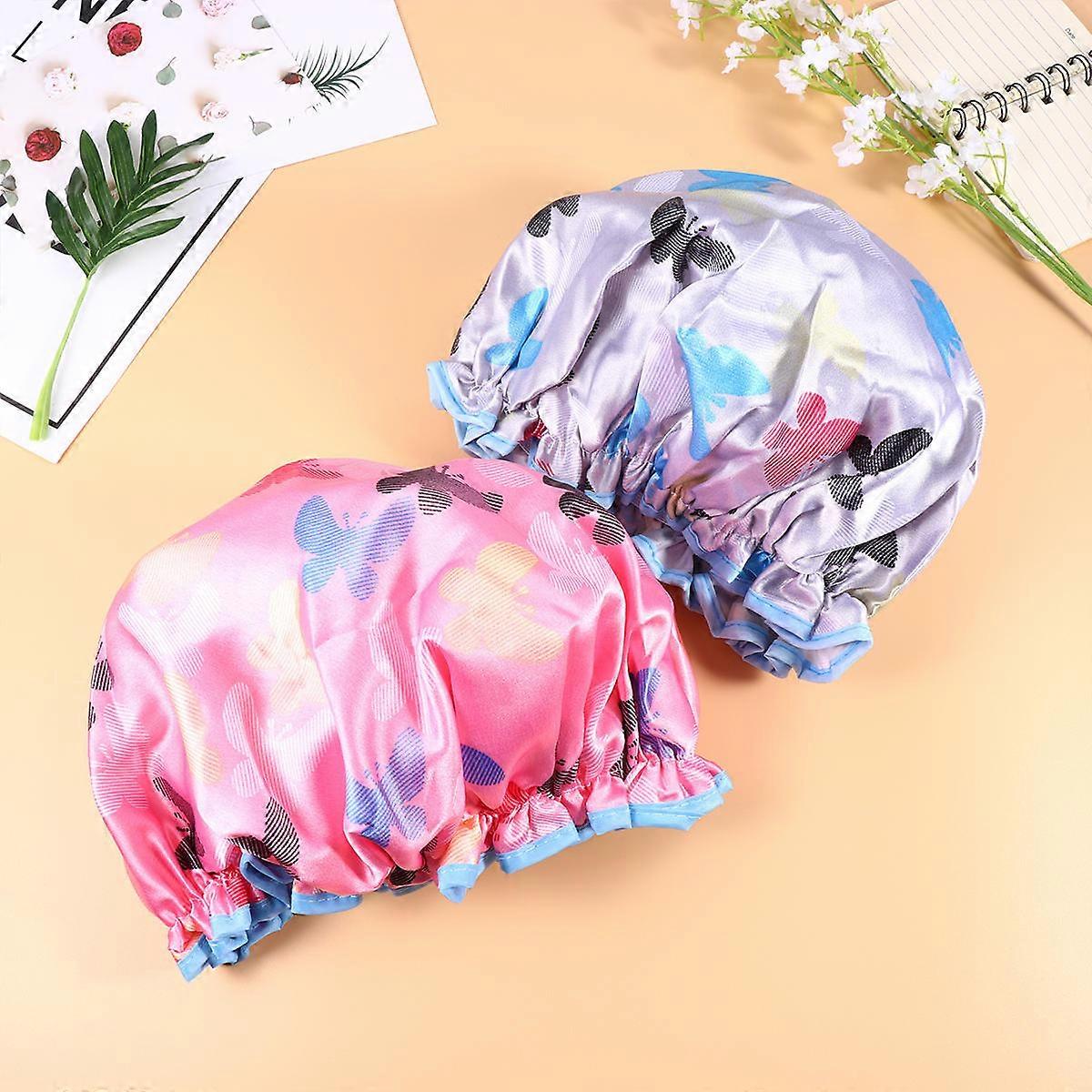 Waterproof Shower Cap Reusable Elastic Salon SPA Hat for Bathing Pink Grey Purple 3Pcs
