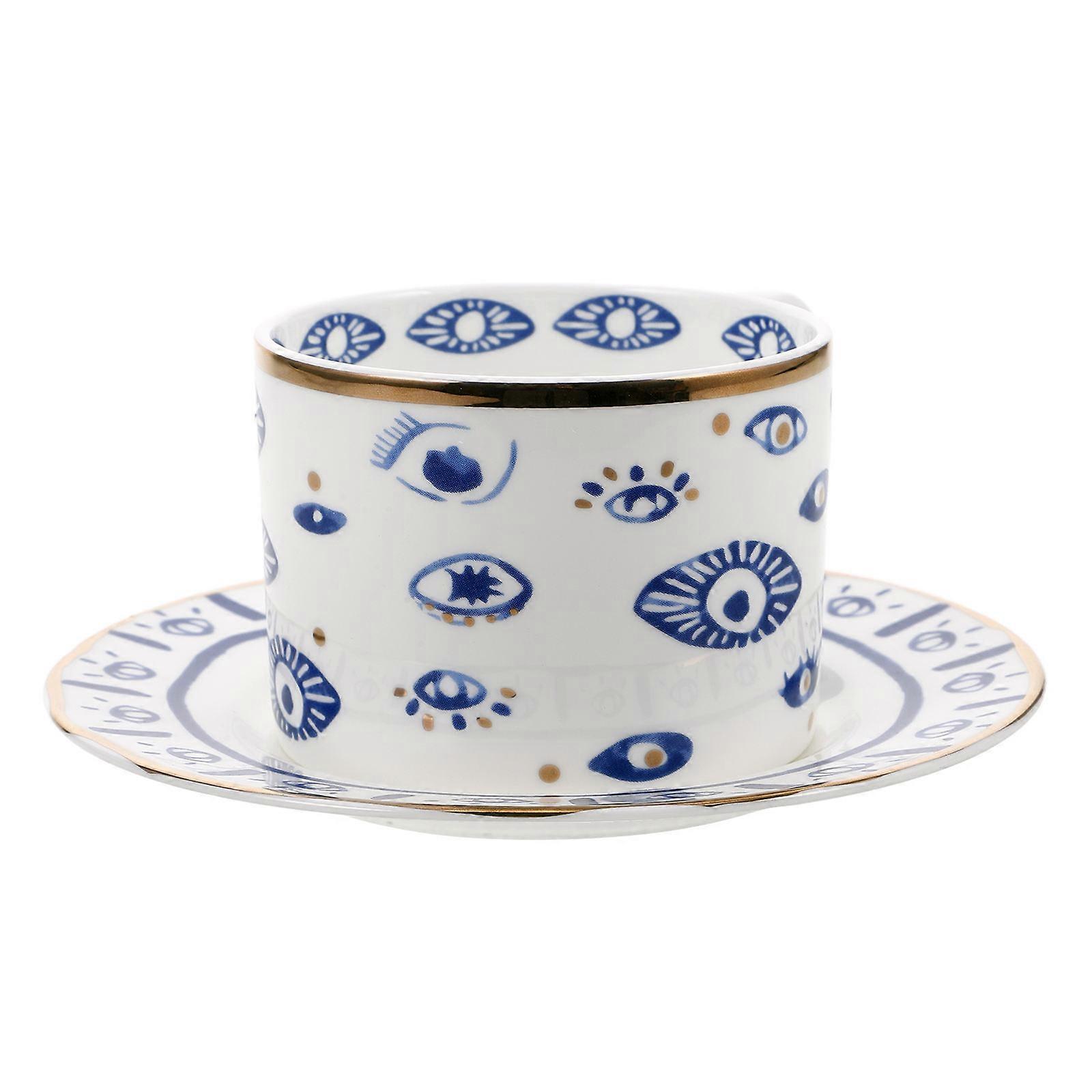 Evil Eye Ceramic Coffee Mug Set with Saucer, Boho Design Tea Cup for Hot and Cold Drinks, Comfortable Grip and Smooth Surface for Home and Office Use