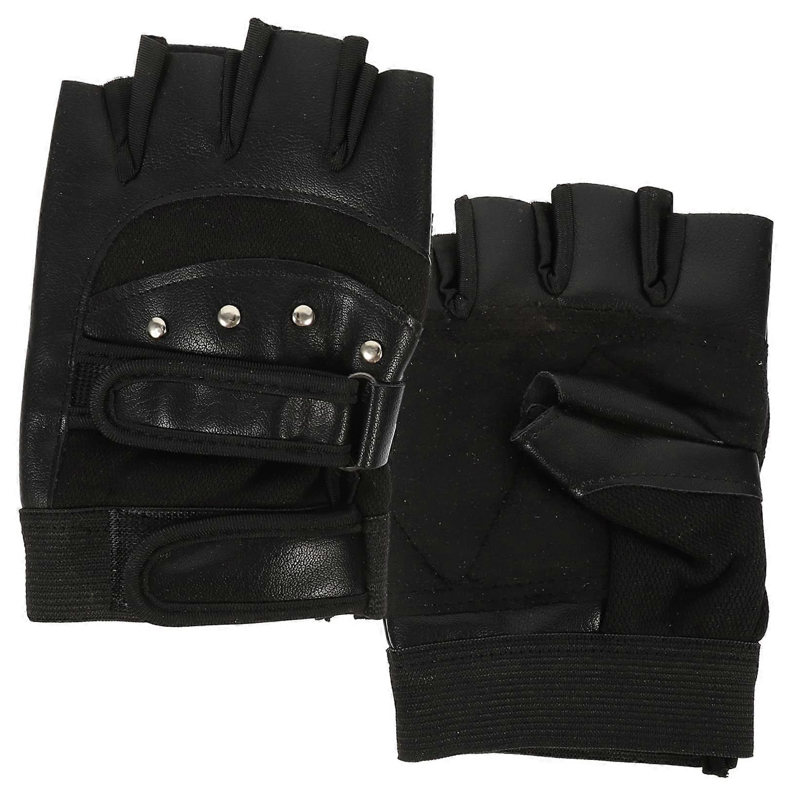 Shock-Absorbing Half Finger Training Gloves for Fitness, Weightlifting, Vibration Grip, Leather, Black, Size 1