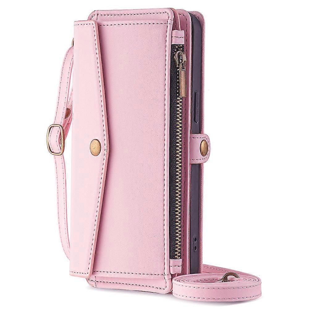 Case For Iphone 14 Pro Pink Crossbody Shoulder Strap Leather Multi-function Card Wallet No5469