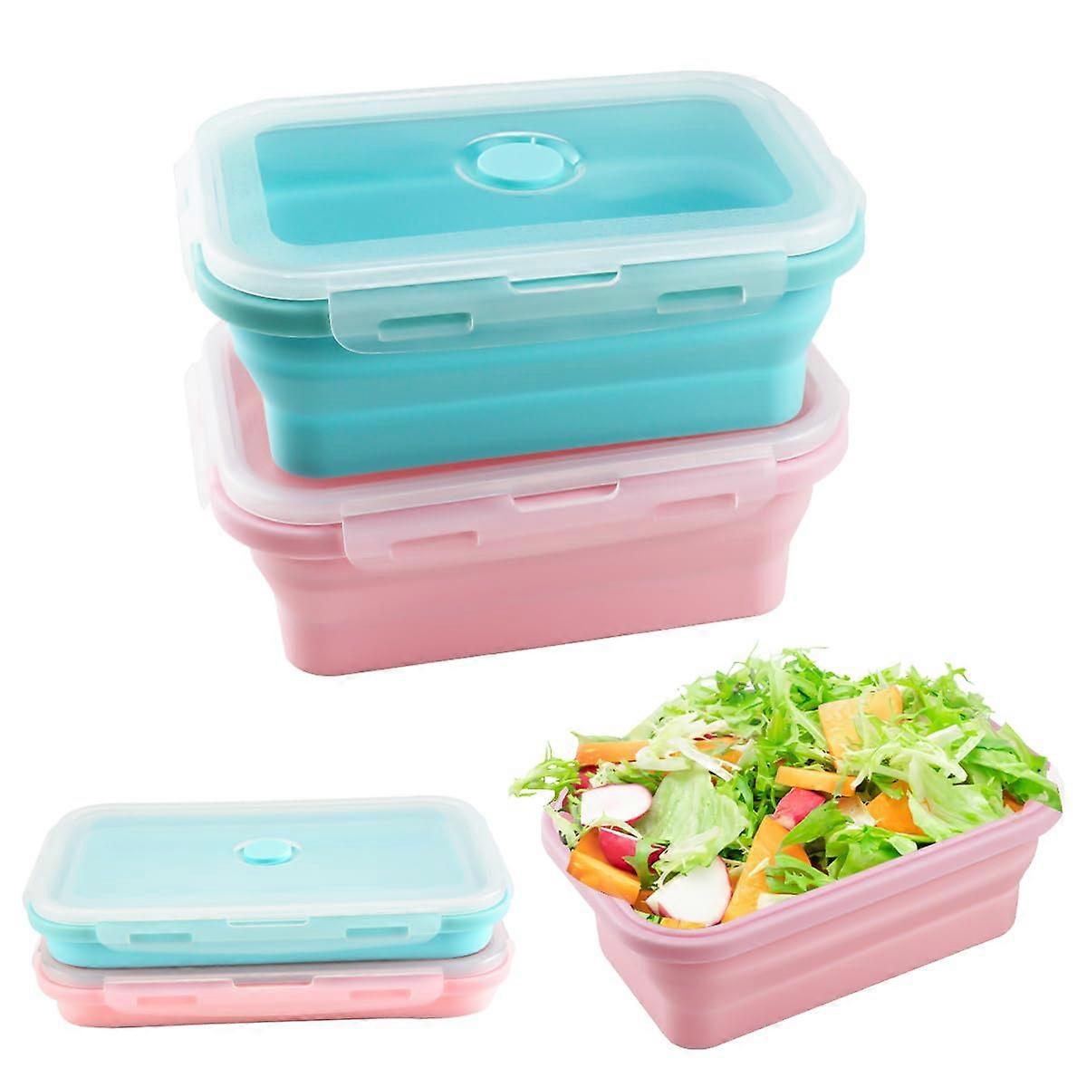 Foldable Lunch Boxes Pack of 2, 800 ml Silicone Leak-Proof Tins with Lid for Office Camping Picnic, Blue and Pink