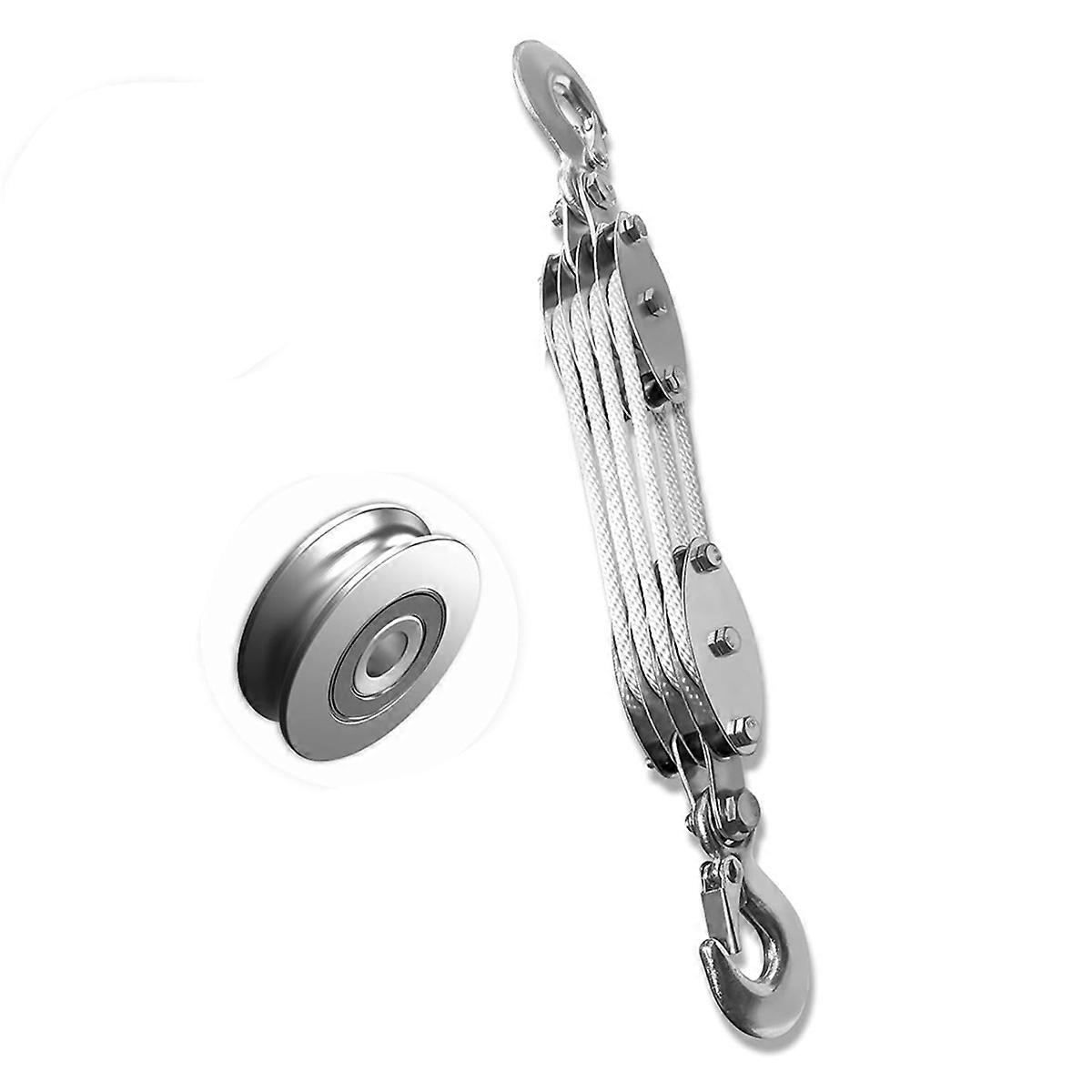 Block and Tackle Pulley System, 4-Wheel Rope Pulley Hoist,2200LB Work Load with 65Ft of 1/4 Inch Rope,Compact Rope White