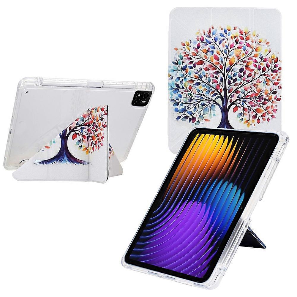 For Xiaomi Pad 7 / Pad 7 Pro Case Y-Fold Stand Pattern Print Leather + Clear Acrylic Tablet Cover with Pencil Holder Colorful Tree