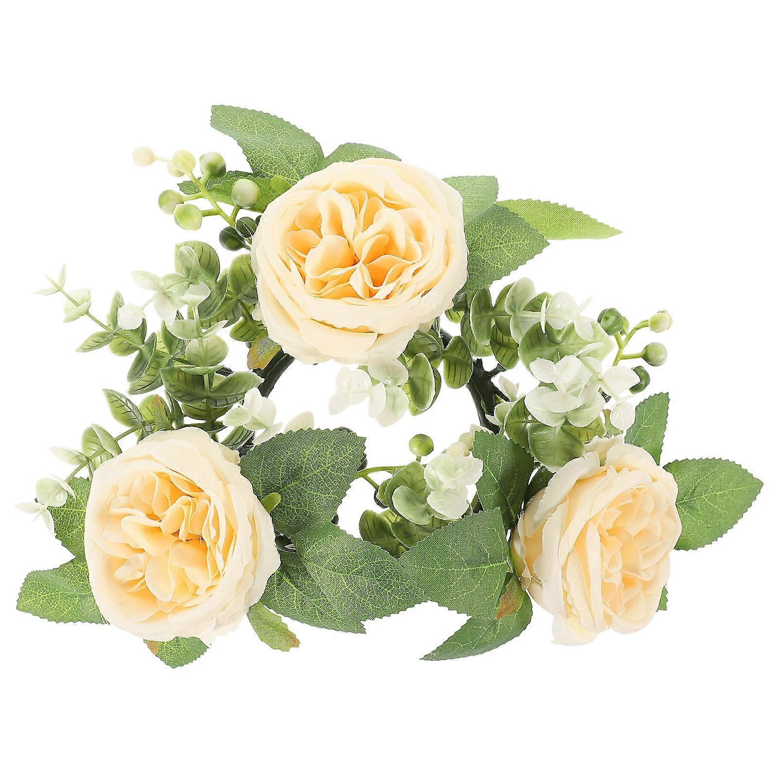 Table Decorations For Wedding Day Artificial Rose Candle Wreath Round Shape Romantic Style Home Decoration 7.9×7.9×2.4in Silk Flower 1Set