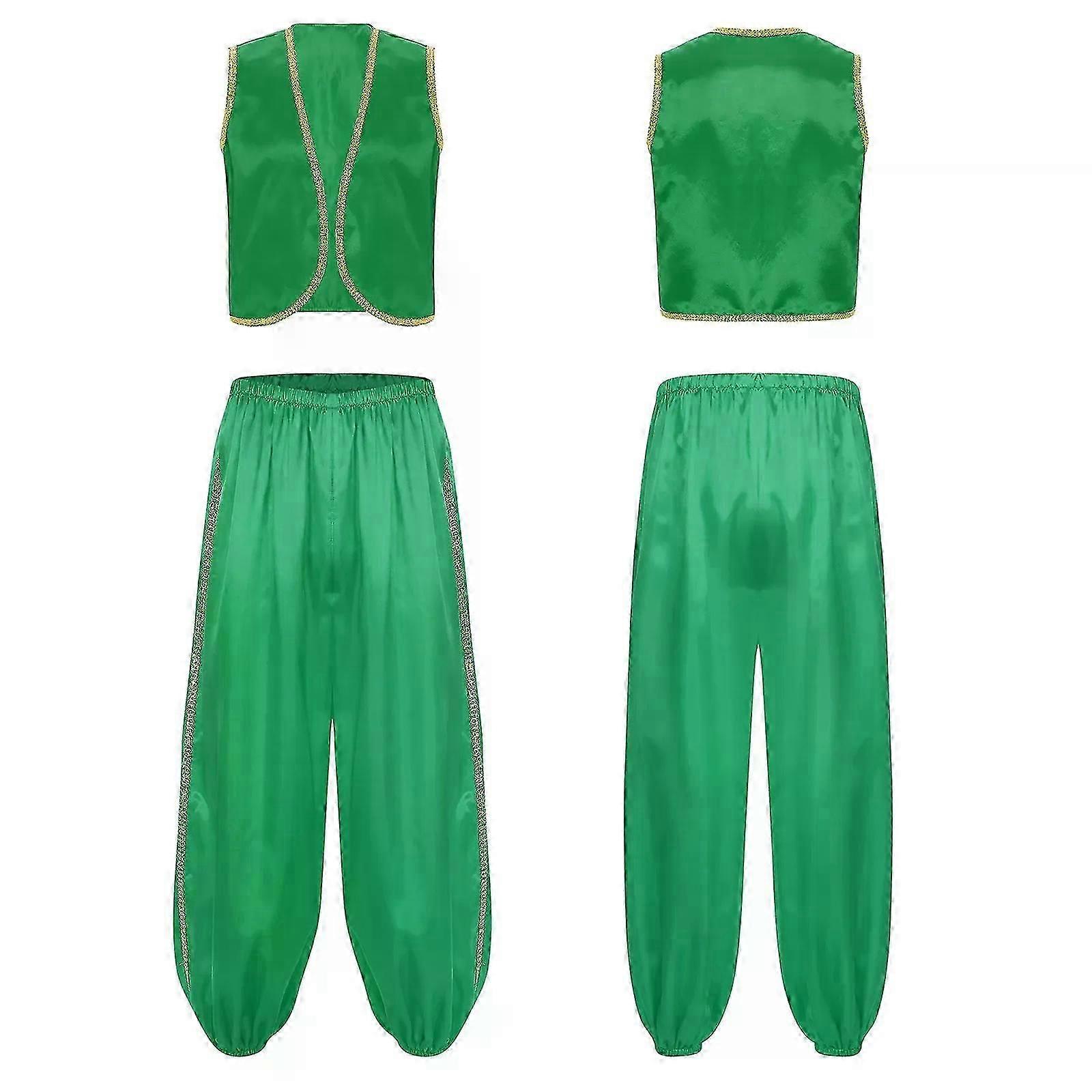 男性ハロウィーンテーマパーティーアラビアンプリンスコスプレコスチュームゴールドトリムサテンベストパンツ付きカーニバルおとぎ話ロールプレイ服-良い