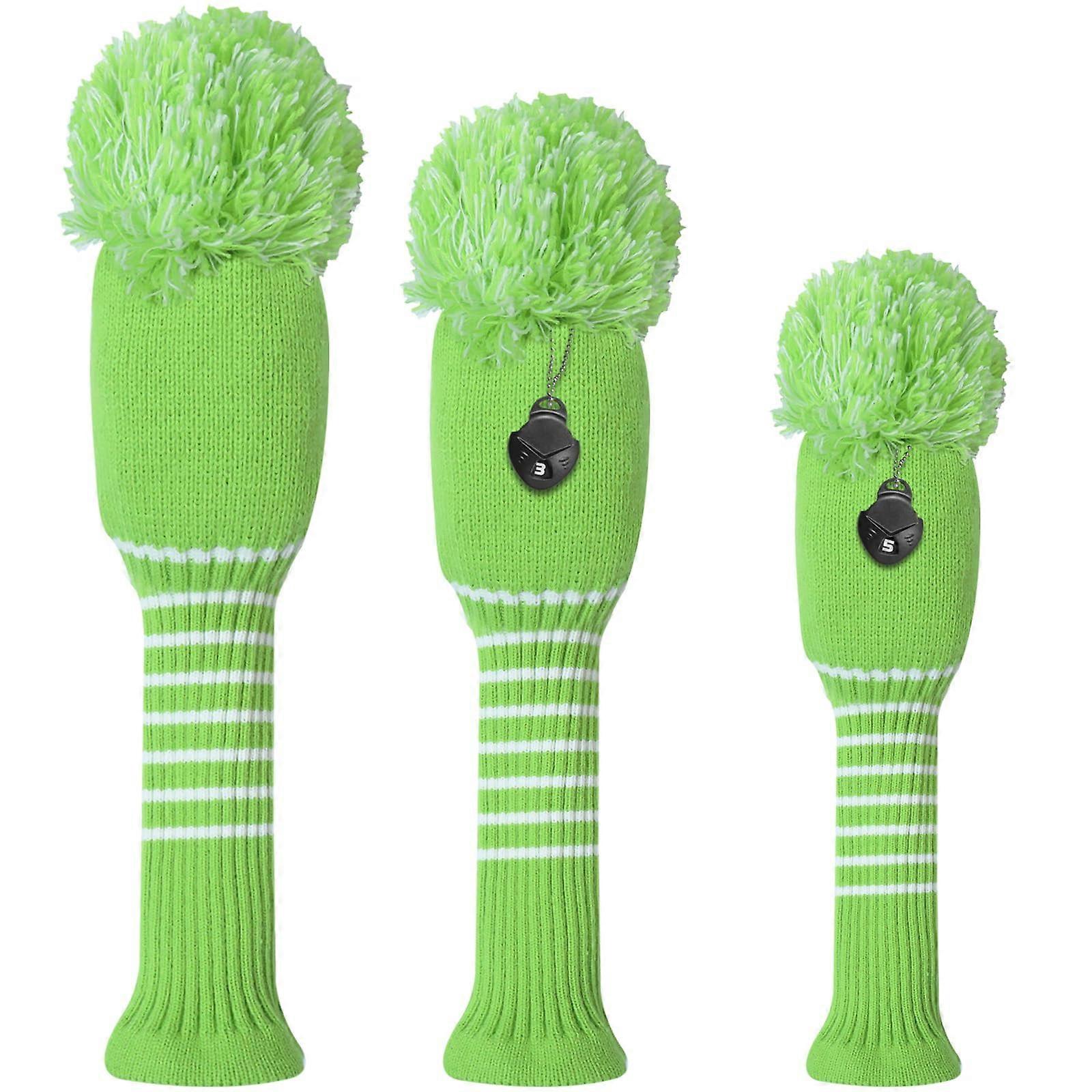 Woods 1 3 5 Driver Fairway Hybrid Golf Headcovers Set with Number Plate, Knitted Green Head Covers, 3 or 4 Pieces