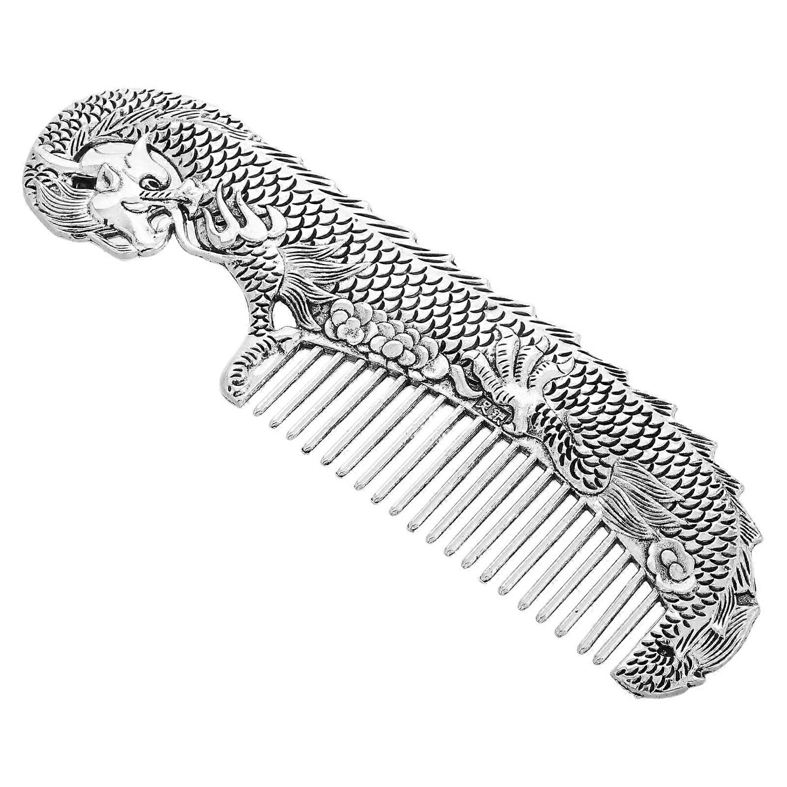Retro Chinese Comb with Dragon Design for Scalp Massage and Hair Styling in Silver Alloy 7 Inches